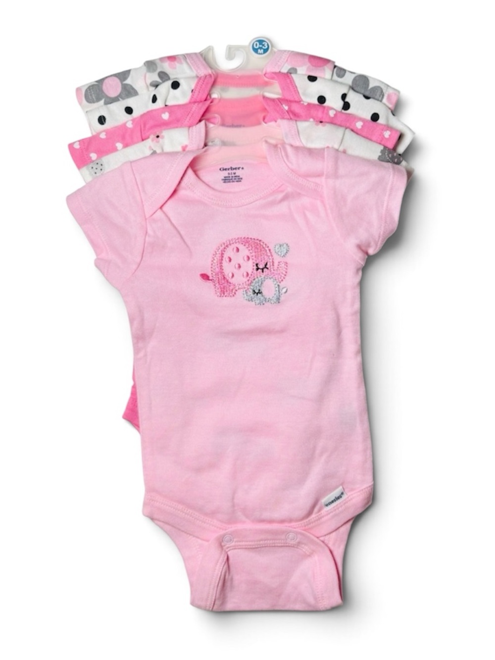 NWOT Gerber Baby Pink Elephant & Polka Dot Bodysuit Multi-Pack Set 5pc 0-3M